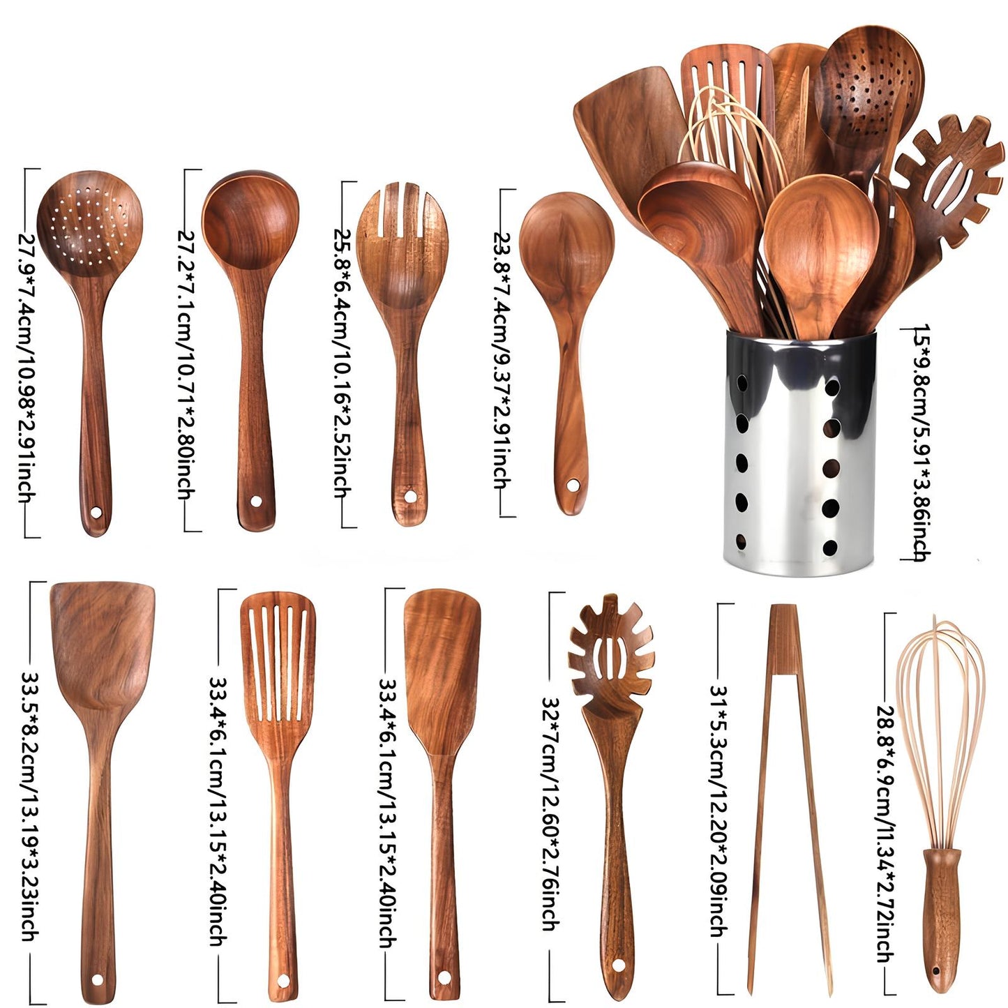 11-Piece Teak Kitchen Utensil Set | With Holder | Natural Wood