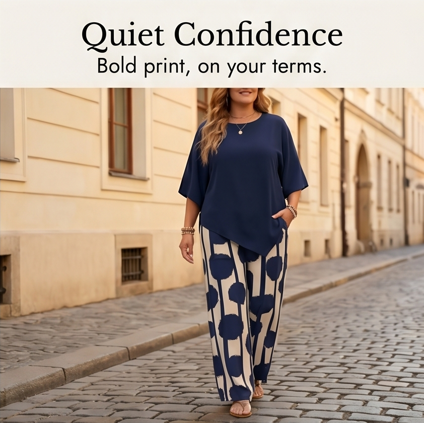 Asymmetric Drape 2-Piece Set with Wide-Leg Print Pants