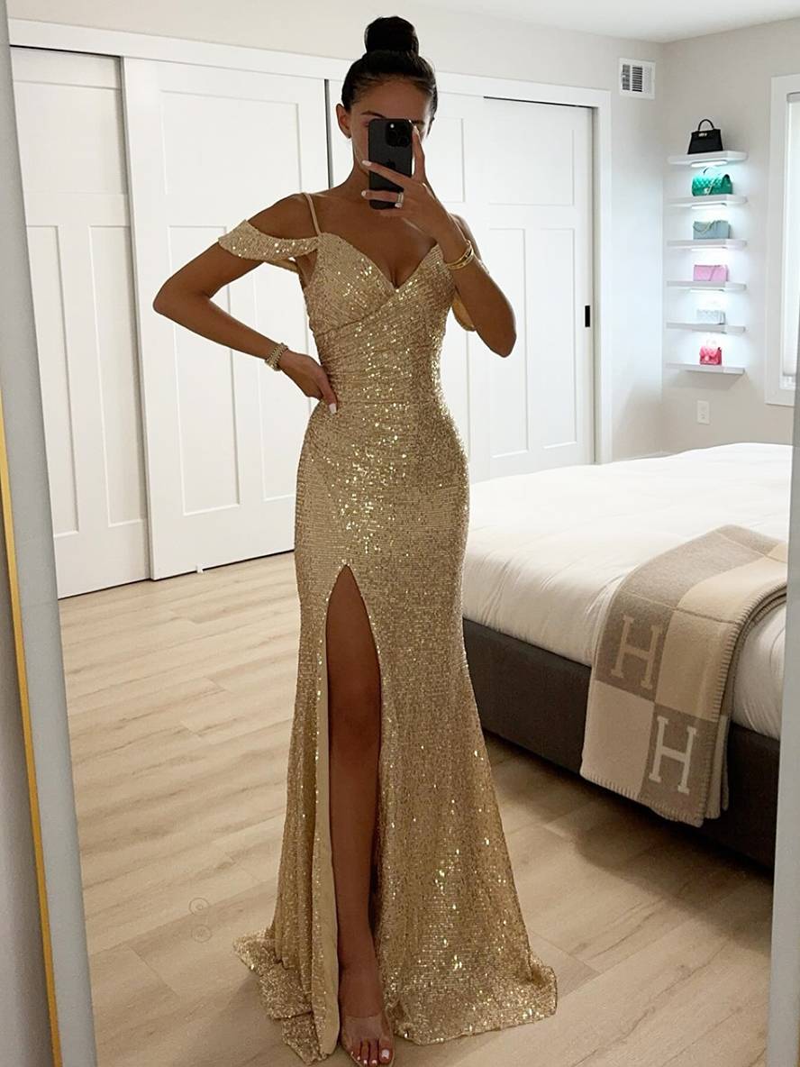 Chic Long Evening Dress - Sequins, V Neck, Slit - Elegant