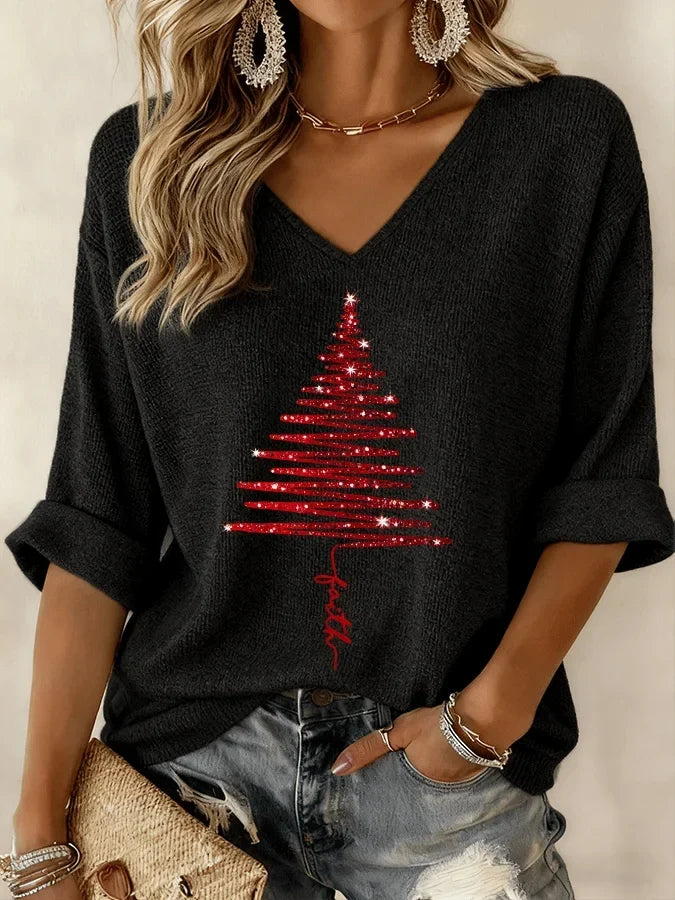 Christmas Printed V-Neck Knit Top