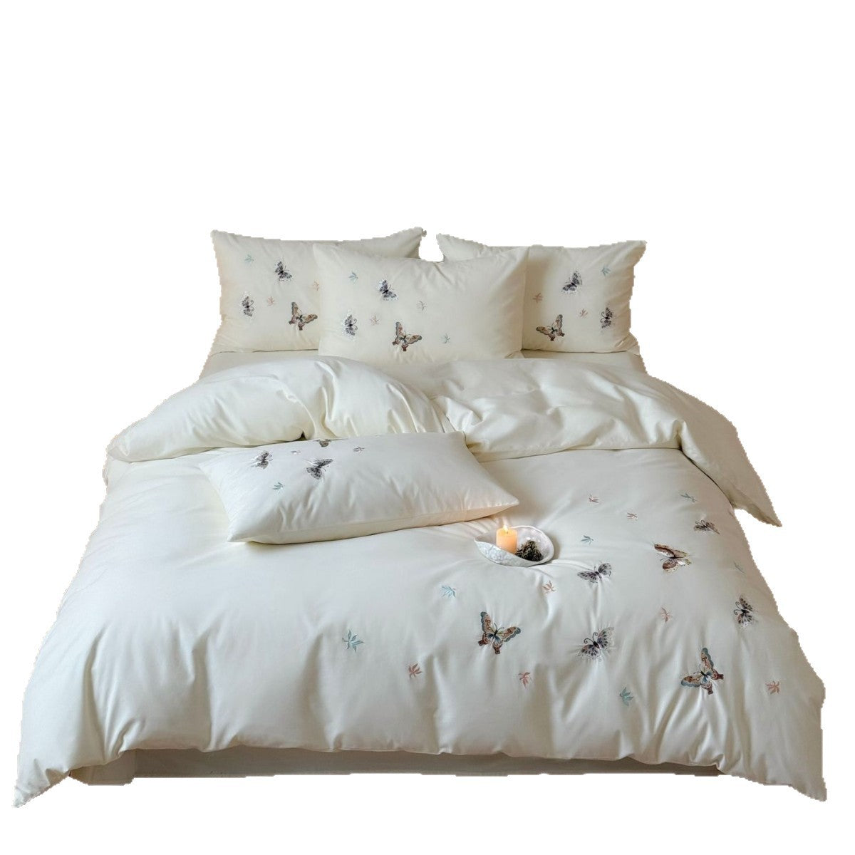 Cotton Sateen Bedding Set with Fine Butterfly Embroidery and Extra-Soft Finish