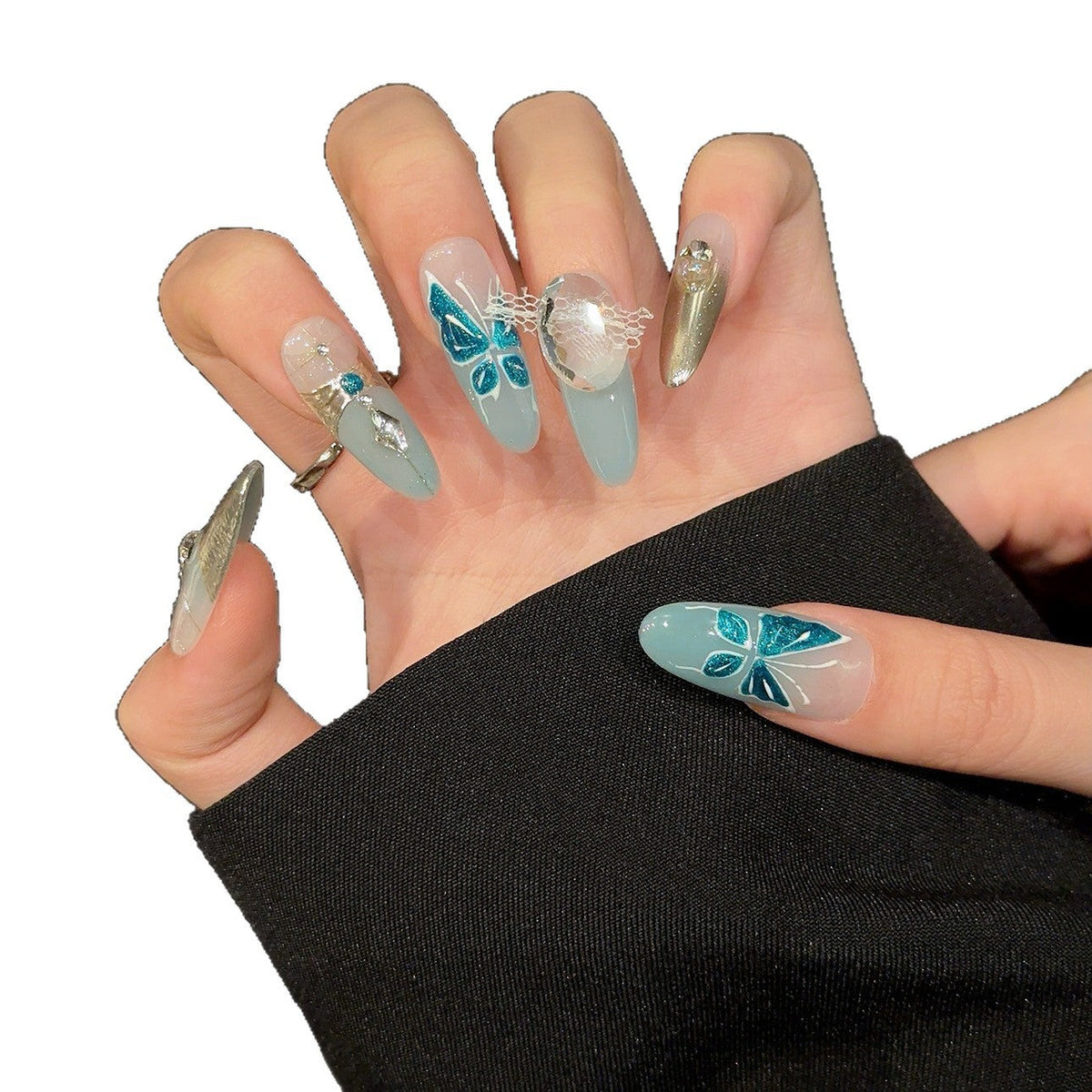 Decorative Press-On Nail Art Set with Rhinestone and Butterfly Accents