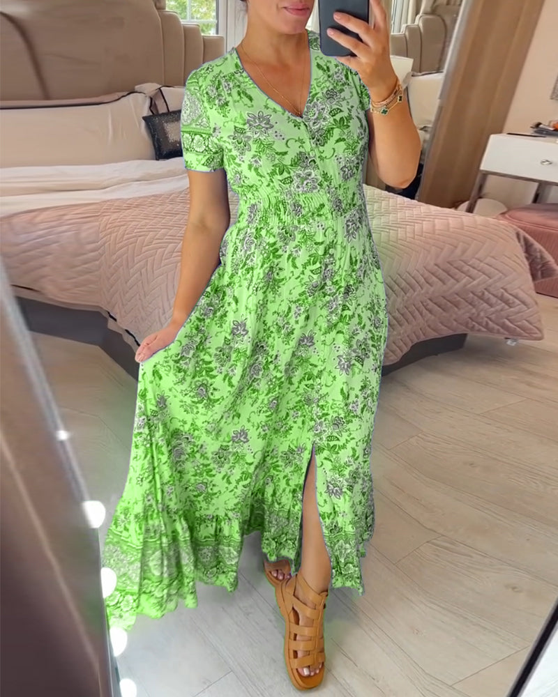 Dress with Floral Pattern and V-Neck