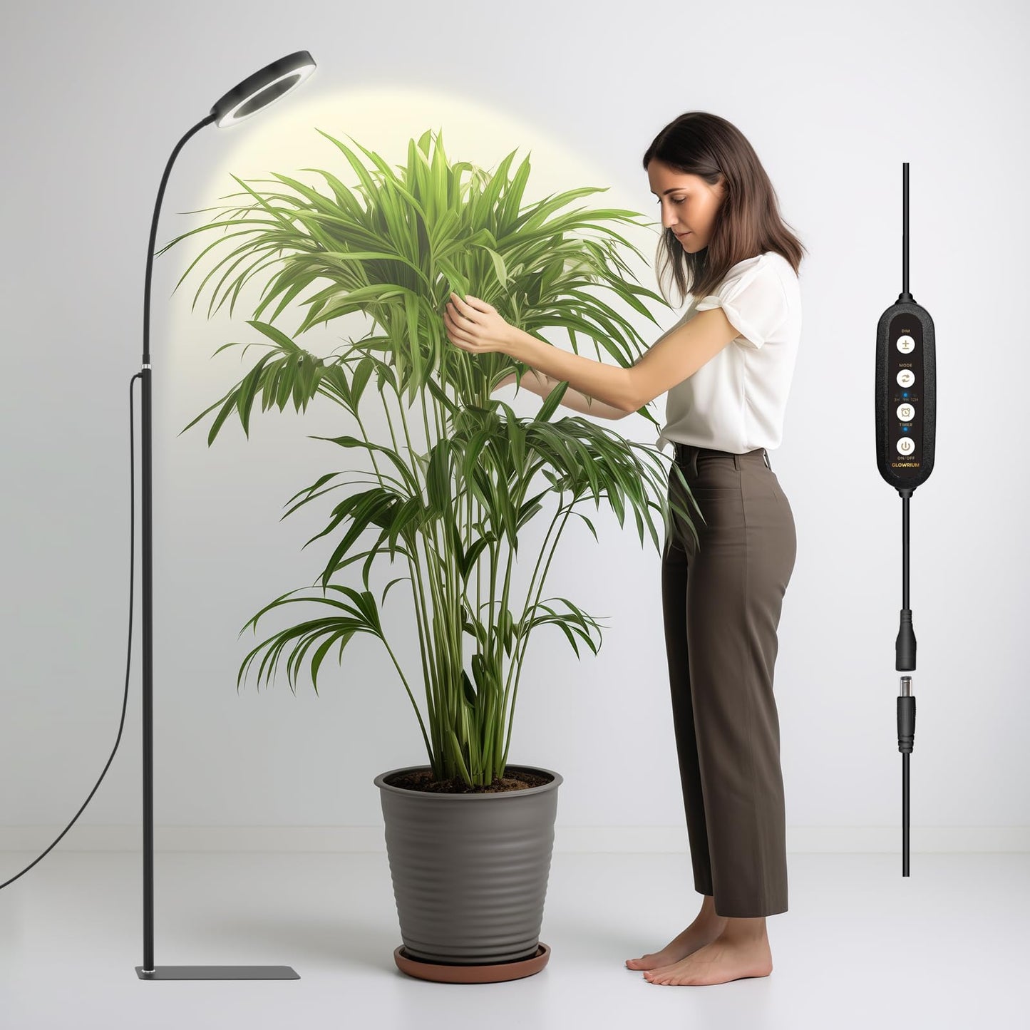 Glowrium Growth Light For Indoor Plants, 20W LED Plant Growth Light With Automatic Timer, Full Spectrum Adjustable Height Standing Plant Growth Light, 3 Light Modes, 6-Level Dimmable (Black)