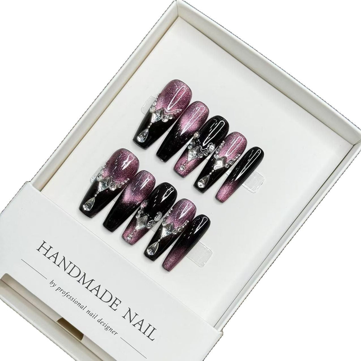 Handmade Press-On Nail Art Set with Gemstone Accents