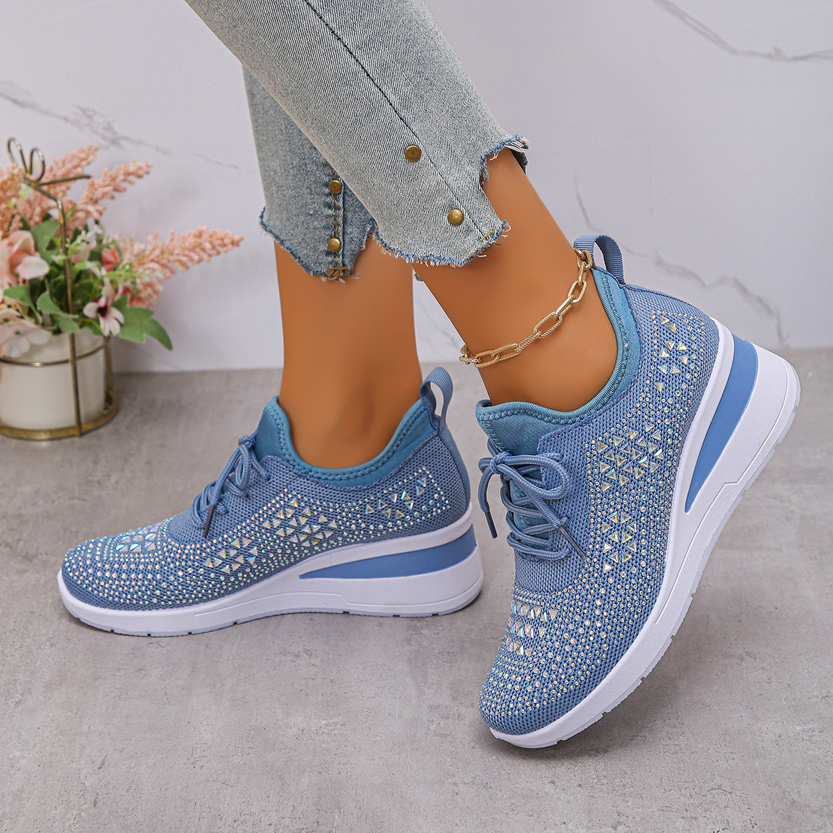 Happy™ Women Sneakers: Stylish Breathable Wedge Sneakers with Sparkling Rhinestones