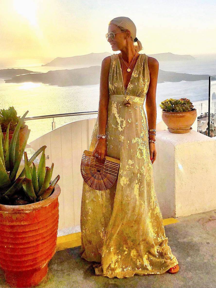 Long Dress Bronze Glossy Sequins V-Neck Sleeveless Elegant Evening Dress Beach