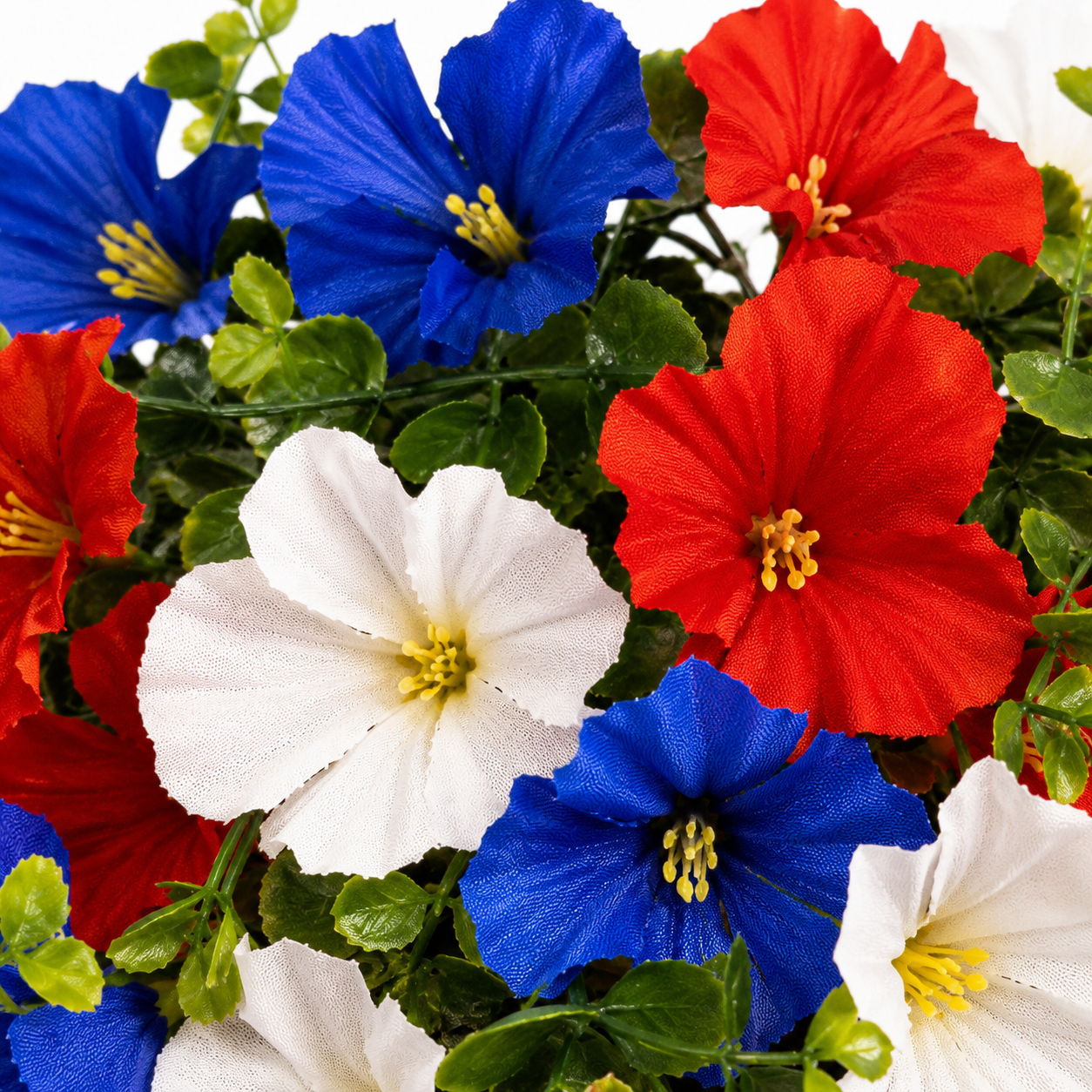 Patriotic Hanging Flower Basket with LED Lights, Red White Blue Silk Blooms for July 4th Porch Decor