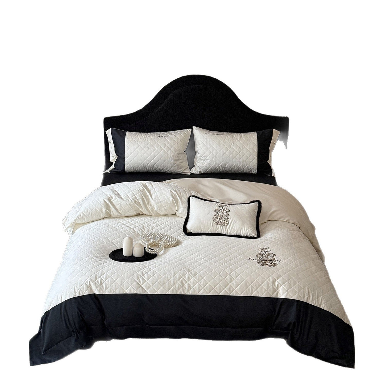 Quilted Cotton Sateen Bedding Set with Floral Embroidery and Contrasting Satin Edge