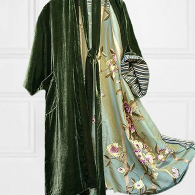 Satin Digital Floral Waist Belt Cardigan Pajamas