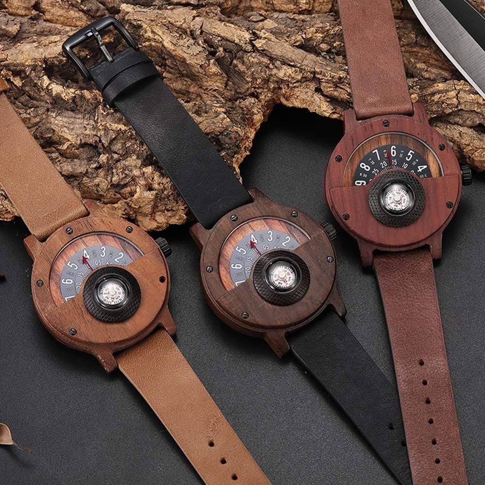 Unique Turntable Compass Dial Wooden Watch