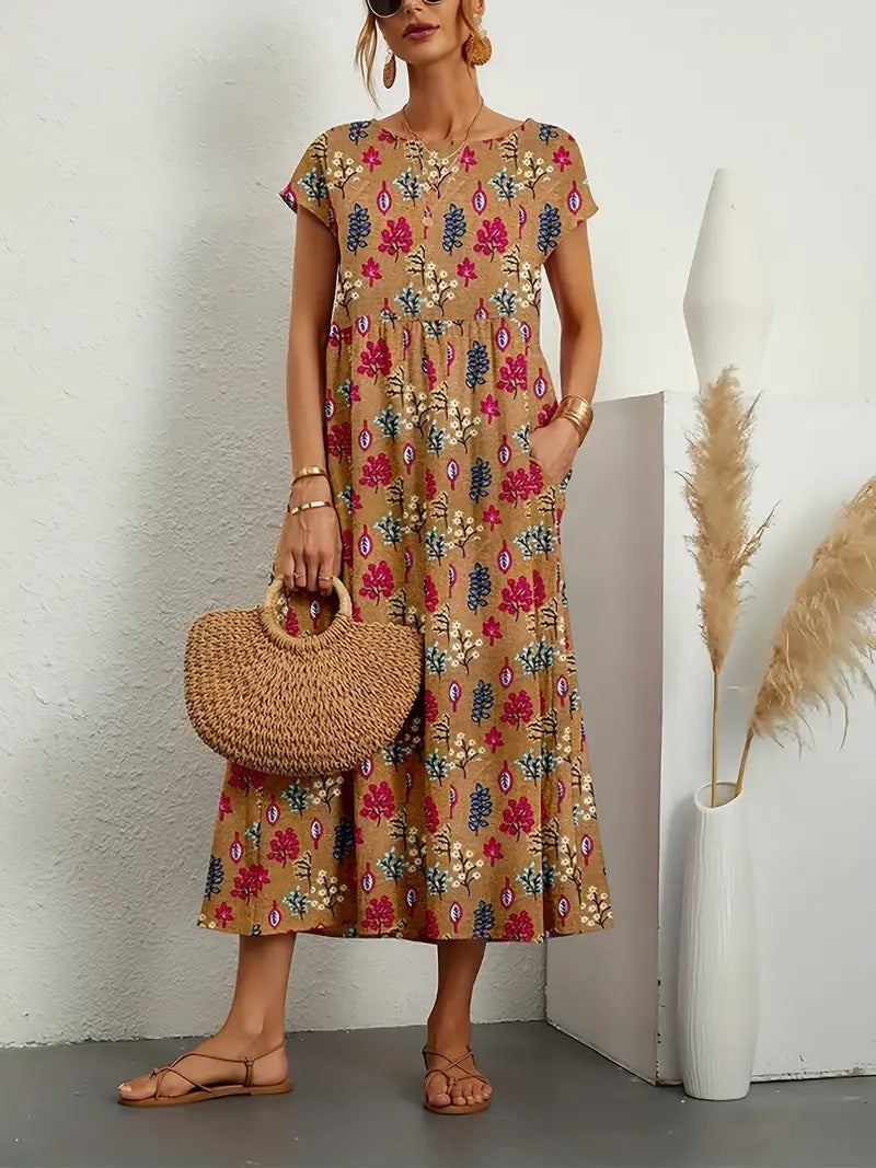 Women Floral A-Line Midi Dress with Pockets