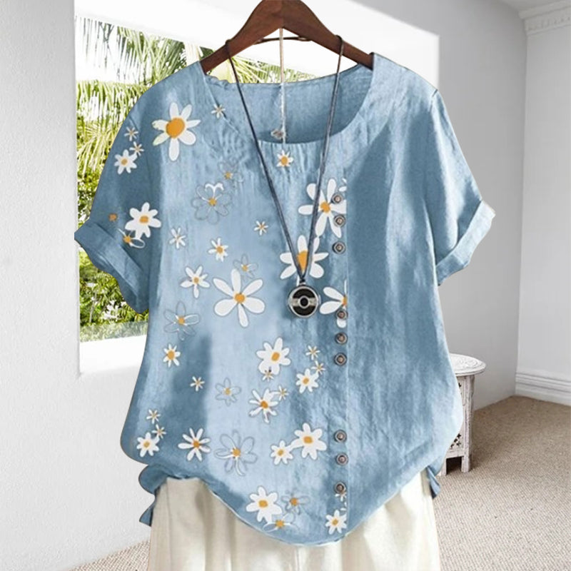 Women's Blouse with Priest Collar and Floral Pattern