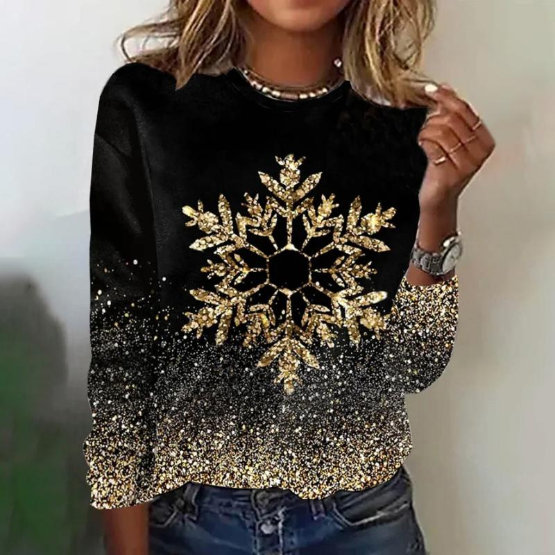 Women's Crew Neck Black Snowflake Glitter Print Long Sleeve T-Shirt