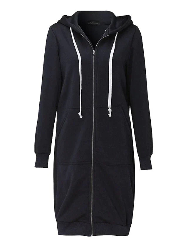 Women's Hooded Zip-Up Sweatshirt – Knee-Length Comfort and Style