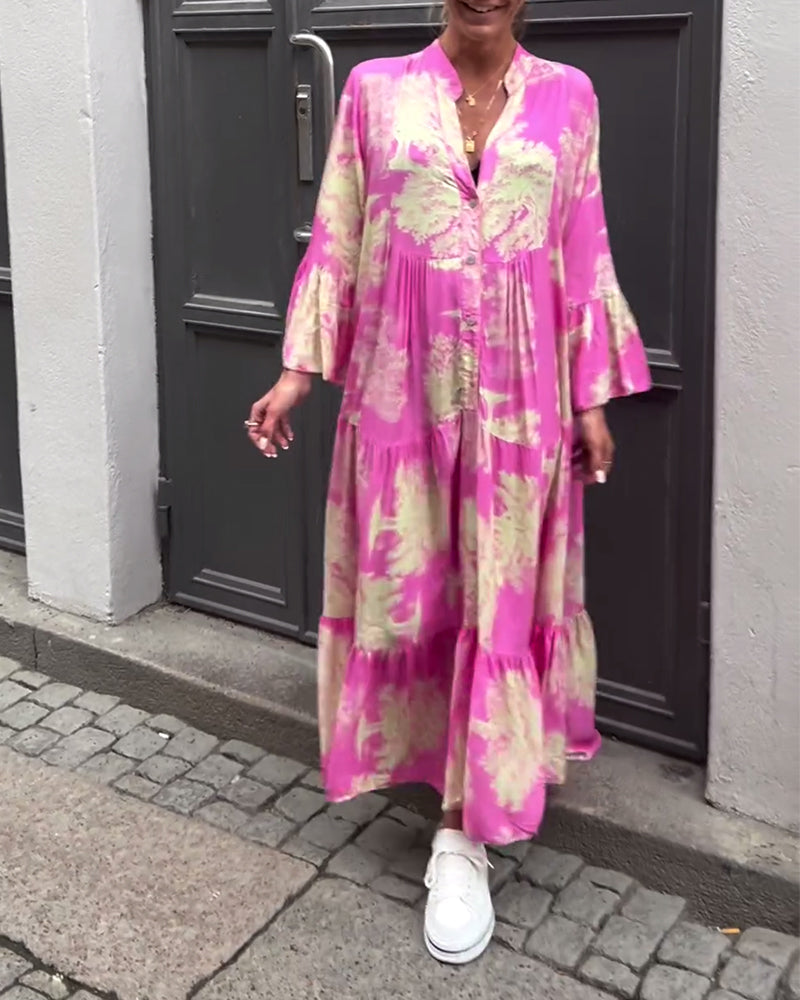 Women's loose-fit patchwork dress with V-neck and ruffle sleeves