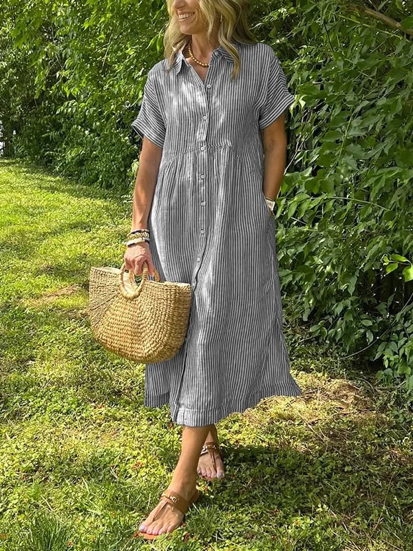 Women Striped Shirt Midi Dress
