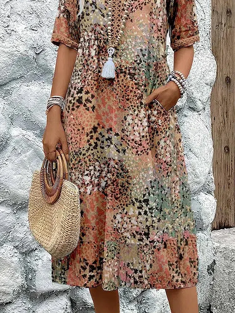 Women V-Neck A-Line Midi Print Dress