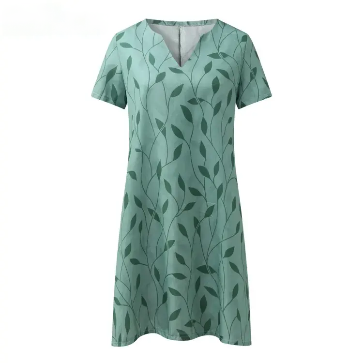 Women V-neck Leaf Print A-line Knee-length Dress