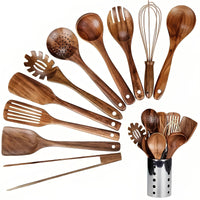 11-Piece Teak Kitchen Utensil Set | With Holder | Natural Wood