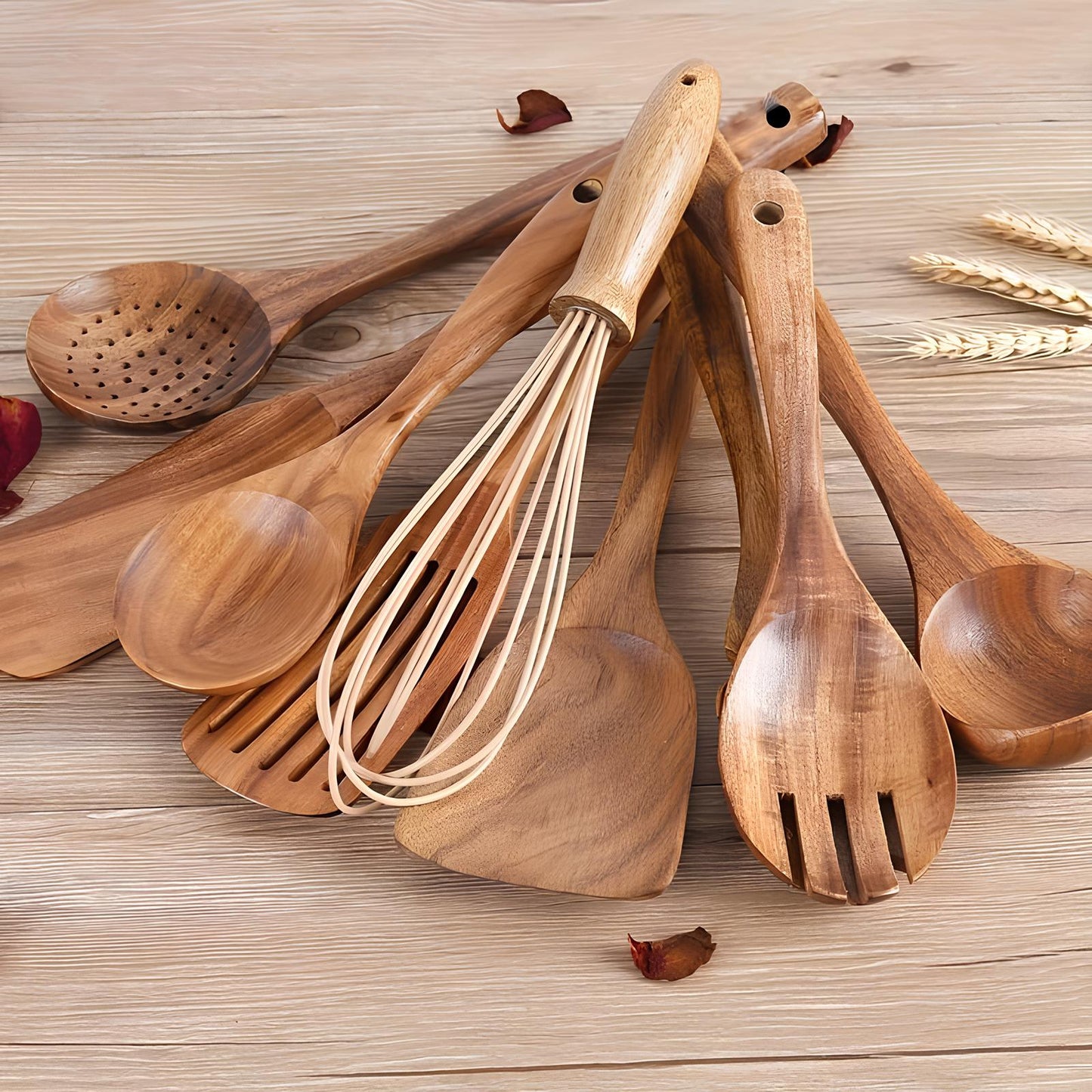 11-Piece Teak Kitchen Utensil Set | With Holder | Natural Wood