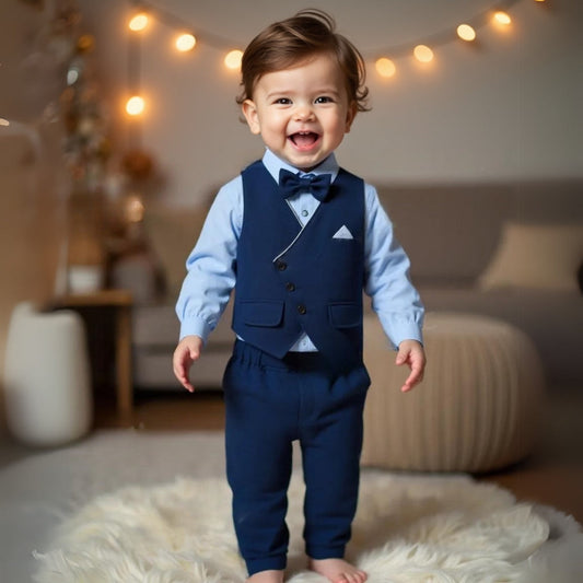 3-piece set for boys with vest and bow tie – light blue shirt and pants for children