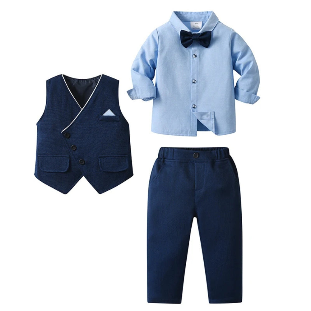 3-piece set for boys with vest and bow tie – light blue shirt and pants for children
