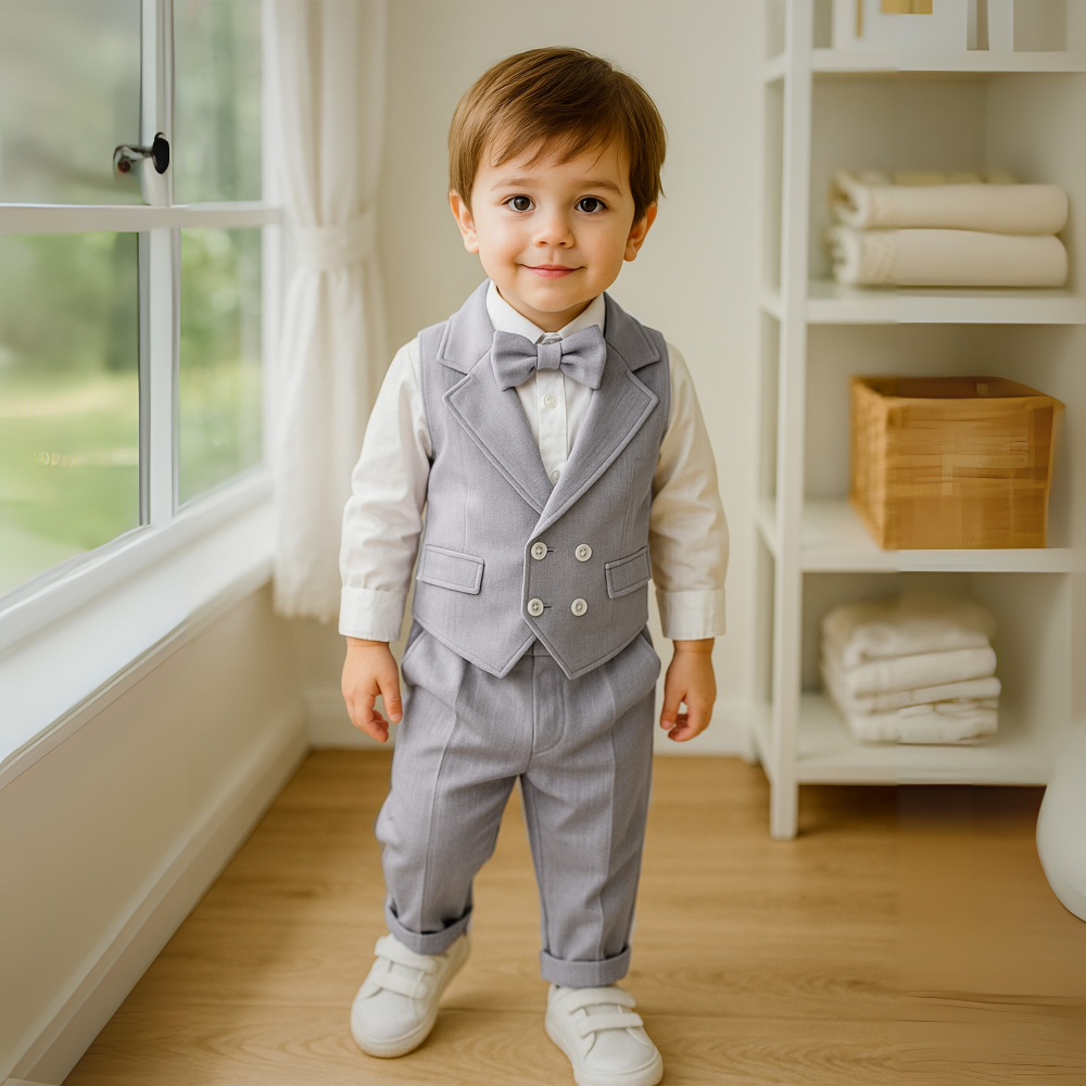 3-piece set for boys with vest and bow tie – light blue shirt and pants for children