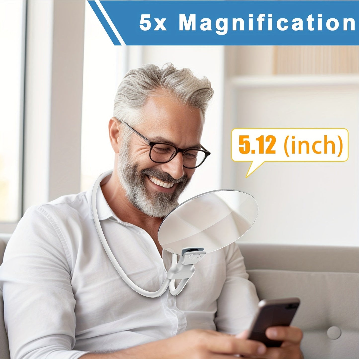 5X Magnifying Glass Pro – Hands-free adjustable neck loupe for seniors and people with visual impairments – Perfect for reading, sewing, crafting, and inspection
