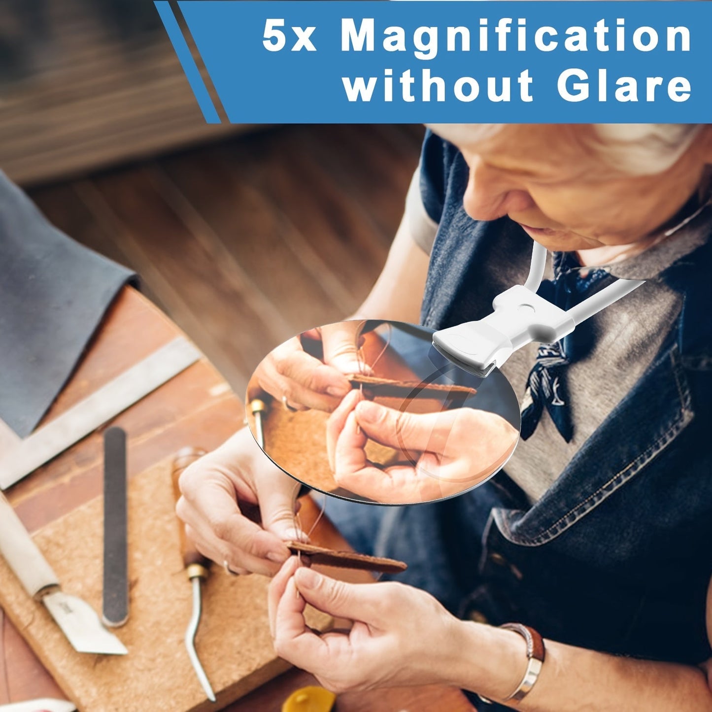 5X Magnifying Glass Pro – Hands-free adjustable neck loupe for seniors and people with visual impairments – Perfect for reading, sewing, crafting, and inspection