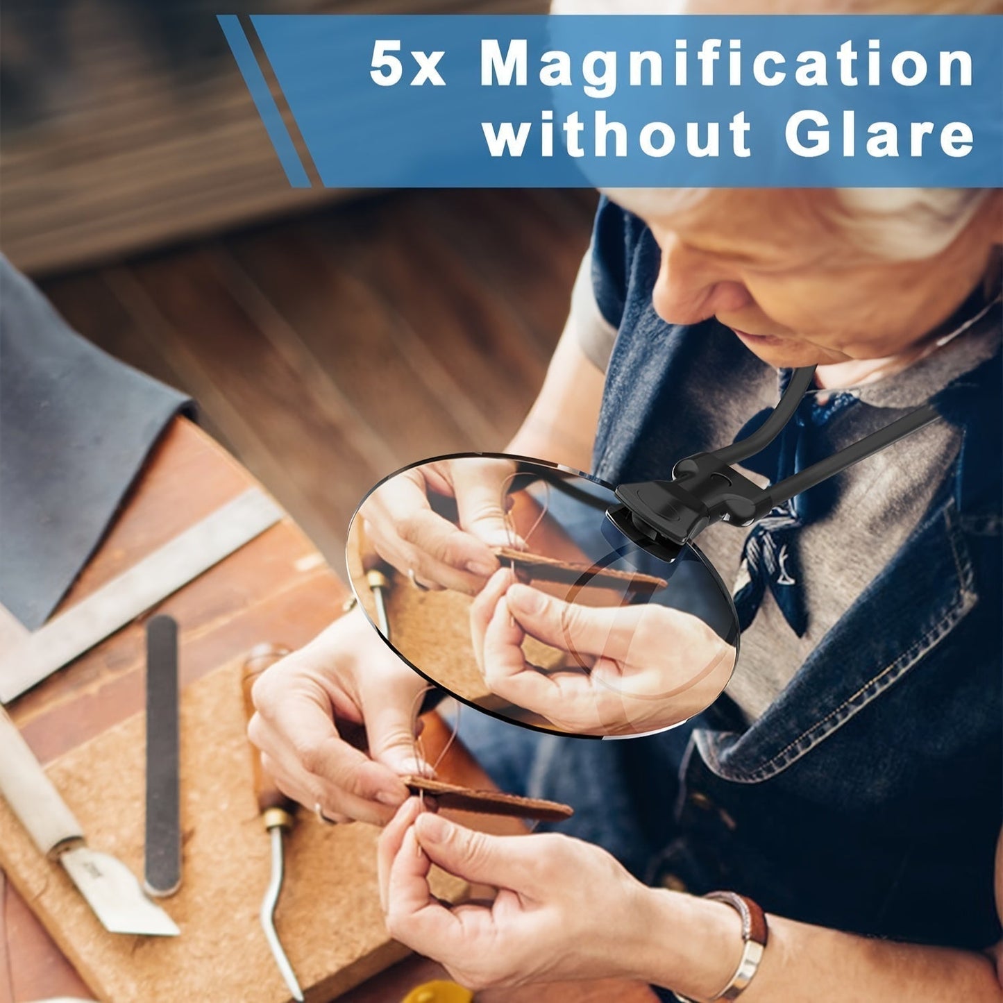 5X Magnifying Glass Pro – Hands-free adjustable neck loupe for seniors and people with visual impairments – Perfect for reading, sewing, crafting, and inspection