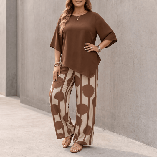 Asymmetric Drape 2-Piece Set with Wide-Leg Print Pants