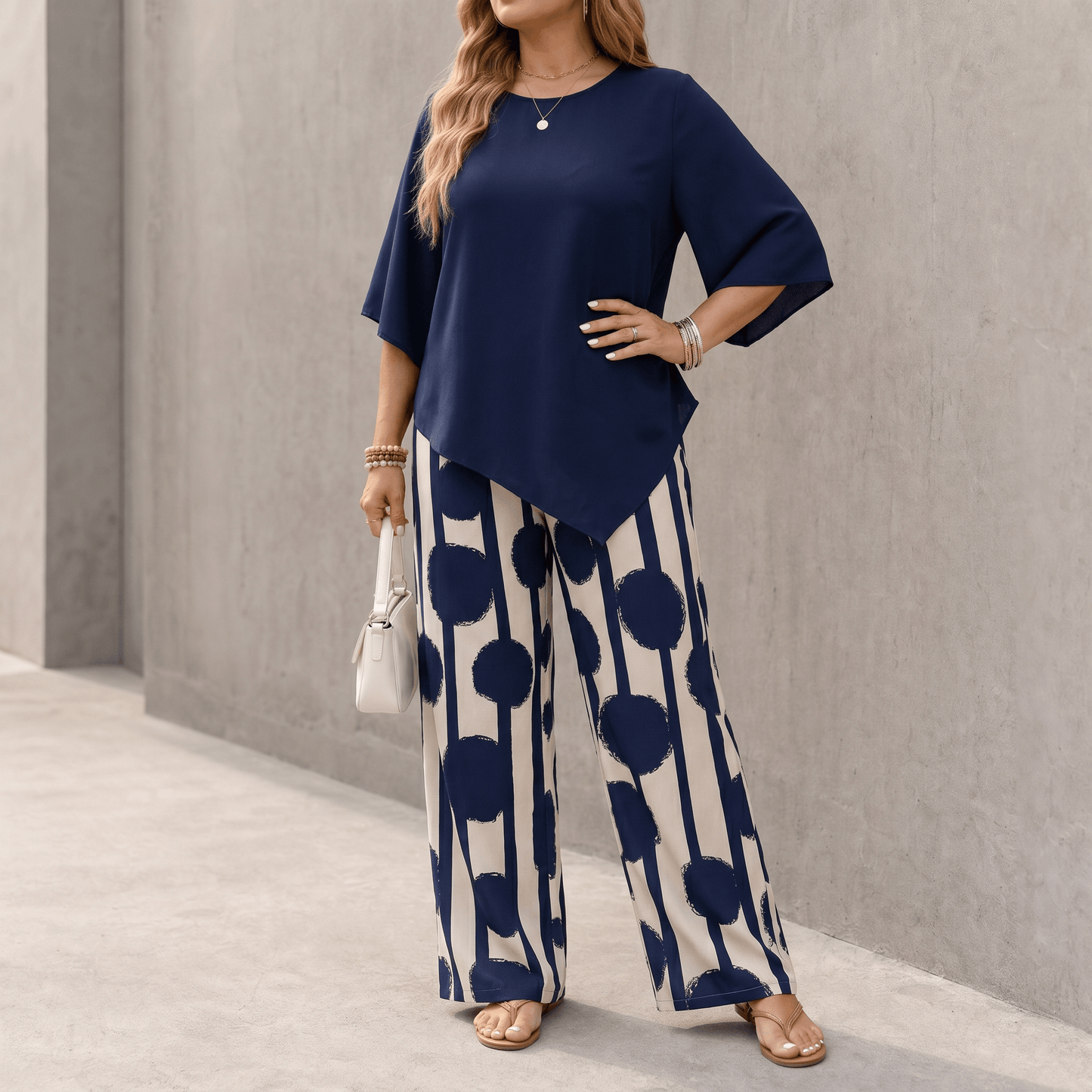 Asymmetric Drape 2-Piece Set with Wide-Leg Print Pants