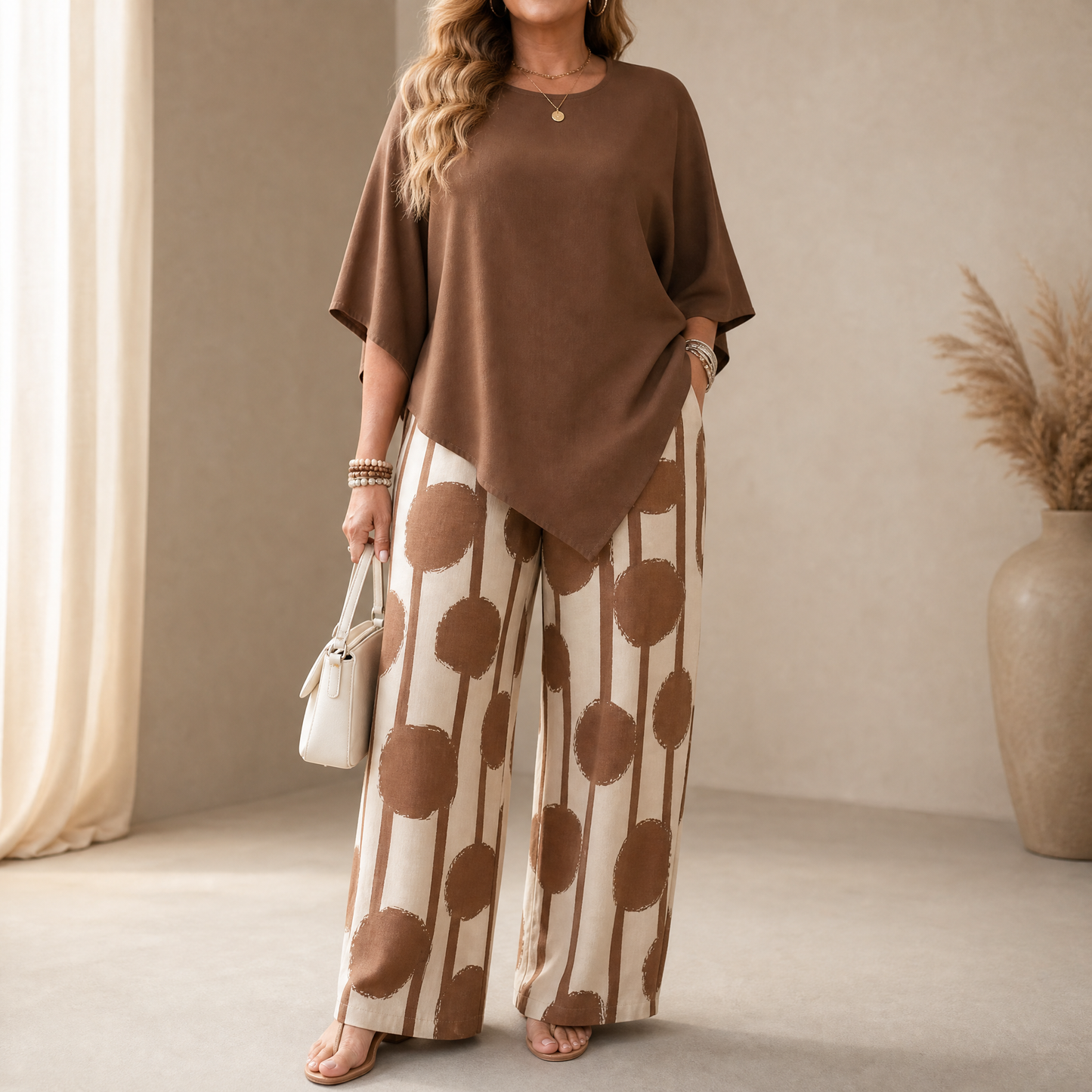 Asymmetric Drape 2-Piece Set with Wide-Leg Print Pants