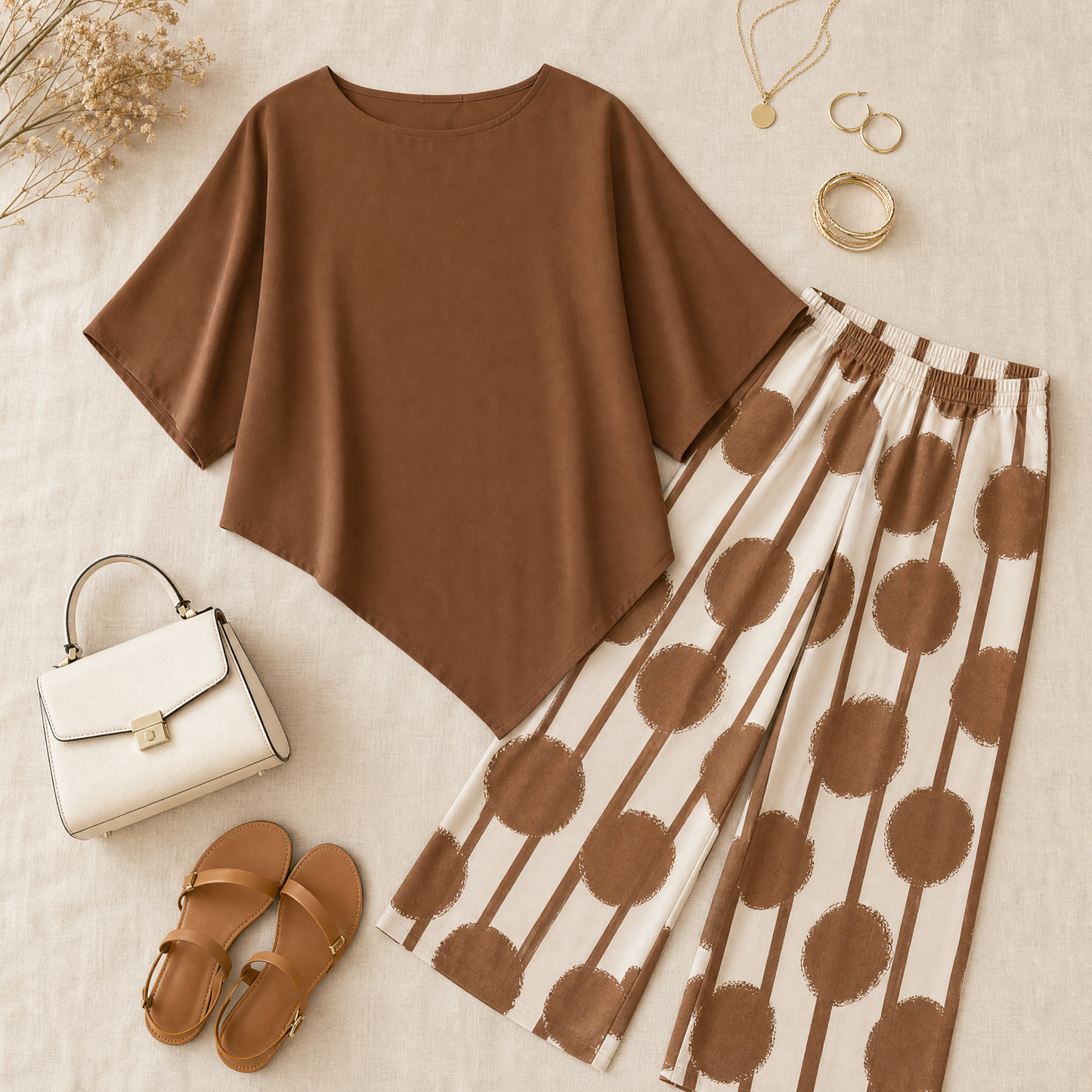 Asymmetric Drape 2-Piece Set with Wide-Leg Print Pants
