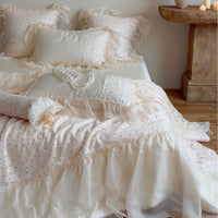Bedding Set with Chiffon Ruffle, Quilted Micro-Point Texture, and Pillowcases