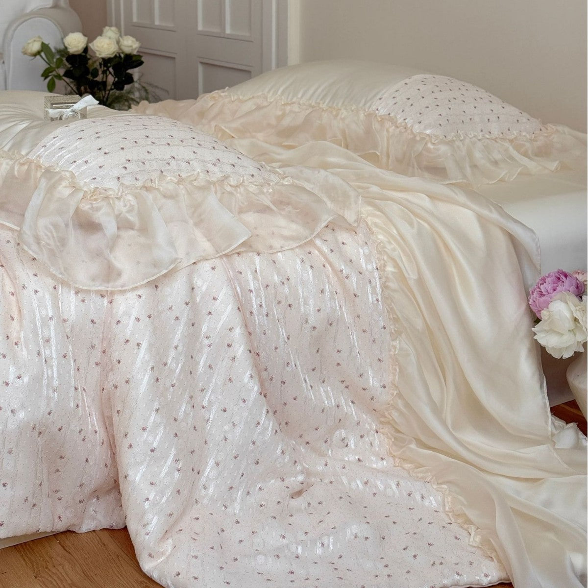 Bedding Set with Chiffon Ruffle, Quilted Micro-Point Texture, and Pillowcases