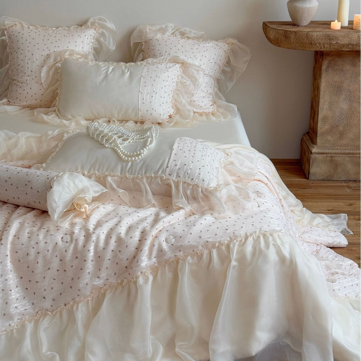 Bedding Set with Chiffon Ruffle, Quilted Micro-Point Texture, and Pillowcases