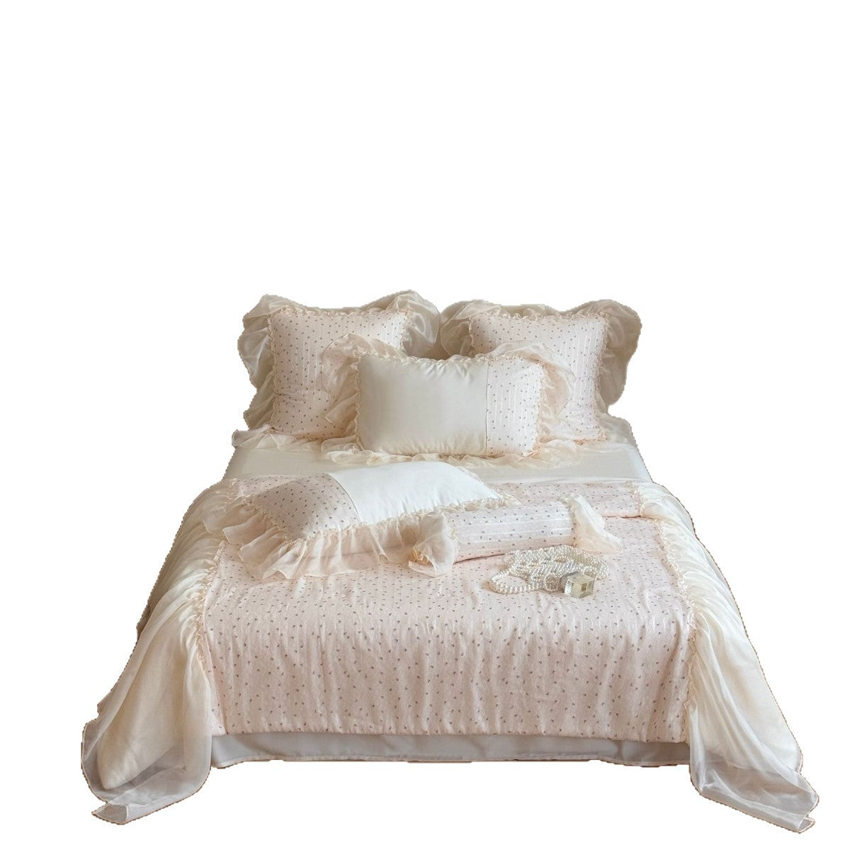 Bedding Set with Chiffon Ruffle, Quilted Micro-Point Texture, and Pillowcases