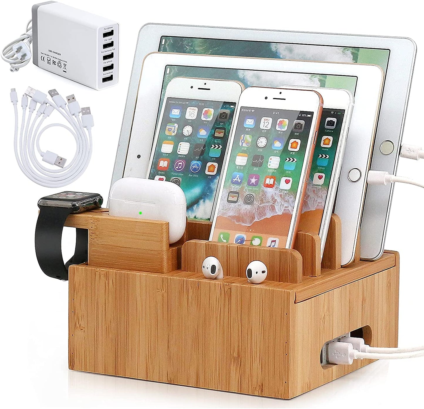 ChargeDock Charging Station in Bamboo | 5-Port USB & Organizer | For Smartphone, Tablet & Smartwatch | Includes Cable Set