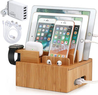 ChargeDock Charging Station in Bamboo | 5-Port USB & Organizer | For Smartphone, Tablet & Smartwatch | Includes Cable Set