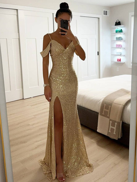 Chic Long Evening Dress - Sequins, V Neck, Slit - Elegant