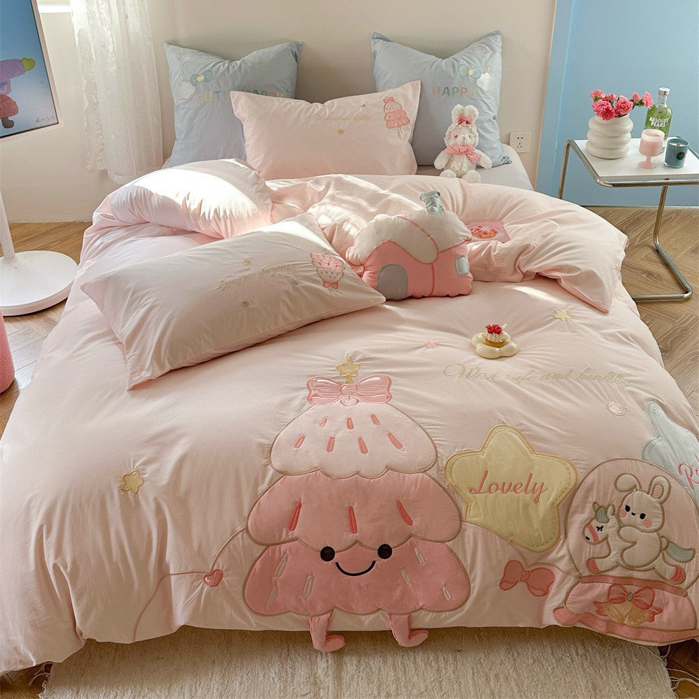 Children's Cotton Microfiber Bedding Set with Appliqué Dessert and Animal Motifs