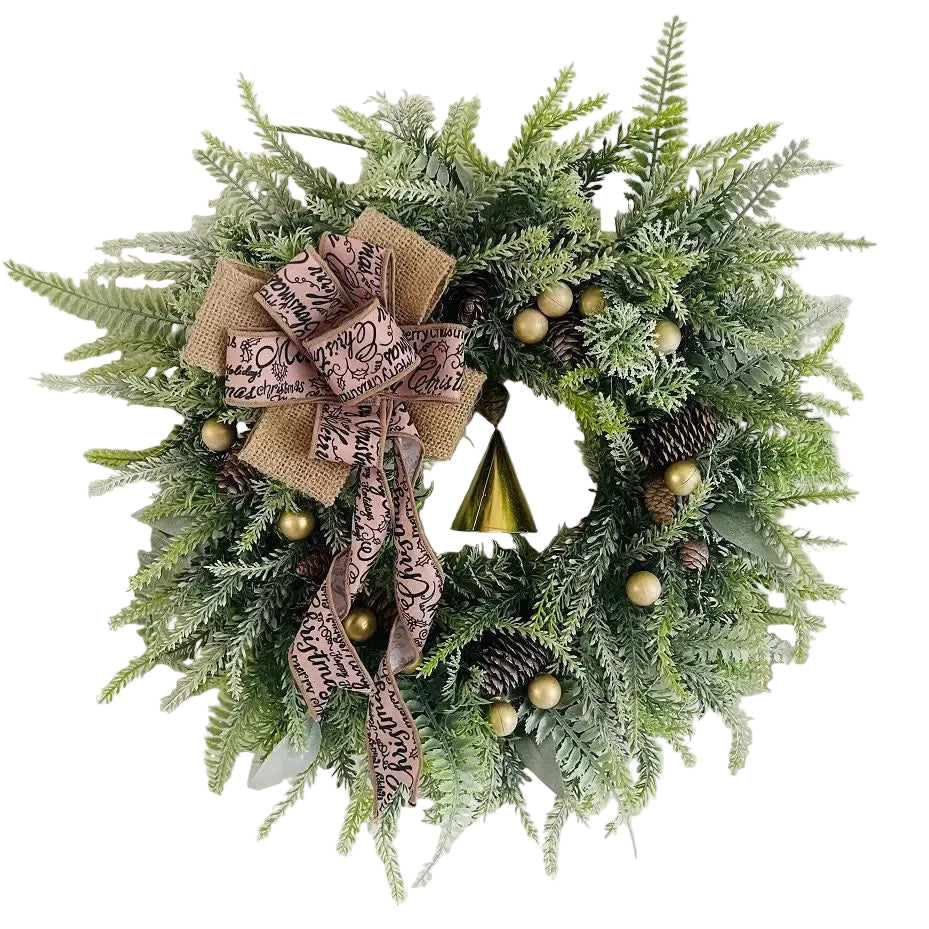 Christmas Door Wreath with Pine Cones and Jute Bow