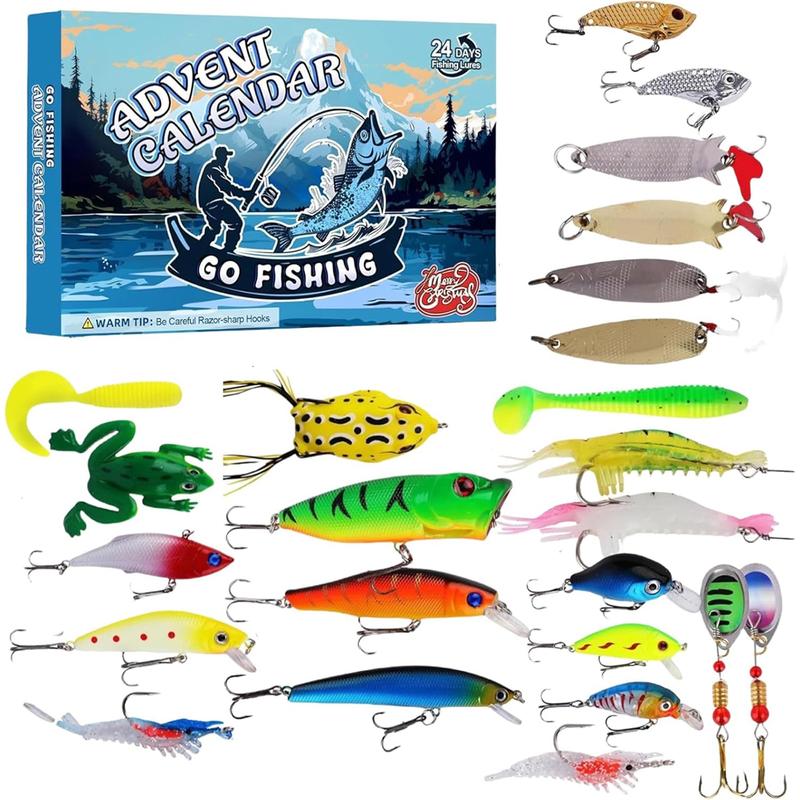 Christmas Fishing Lure Advent Calendar Blind Box Set with Minnows, Poppers, and Spoons