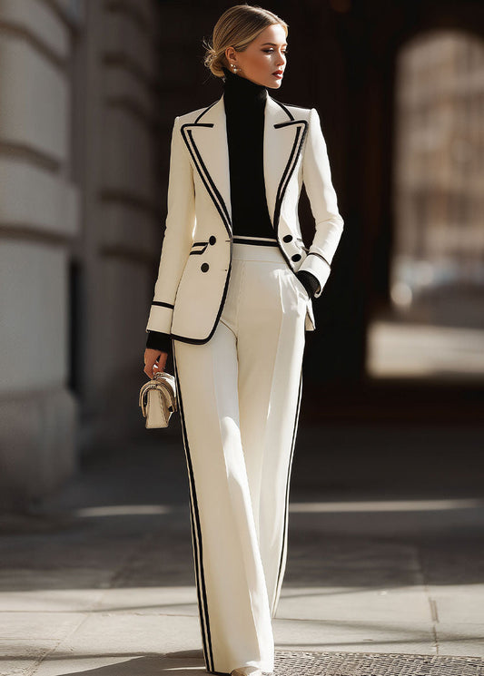 Contrast Trim Double-Breasted Suit Set
