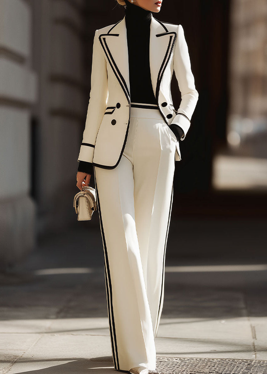 Contrast Trim Double-Breasted Suit Set