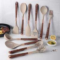 Cooking Set Silicone Utensils 10 Pieces Wood Look Modern