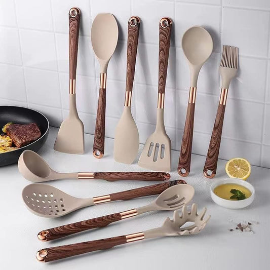 Cooking Set Silicone Utensils 10 Pieces Wood Look Modern