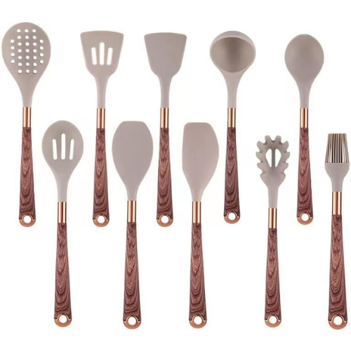 Cooking Set Silicone Utensils 10 Pieces Wood Look Modern